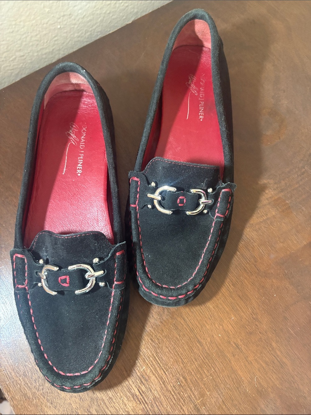 Donald J. Pliner Black Suede Loafers with Red Accents and Gold Hardware